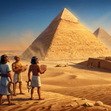 Ancient Egyptian workers and architects planning the construction of Giza pyramids for Listenglish B2 vocabulary learning.