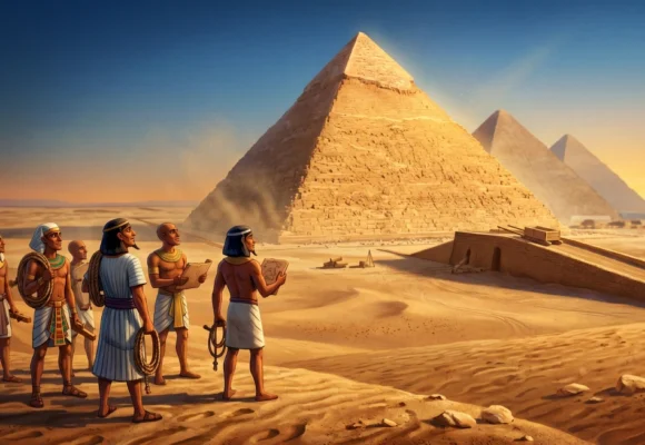 ancient-egypt-pyramids Ancient Egyptian workers and architects planning the construction of Giza pyramids for Listenglish B2 vocabulary learning.