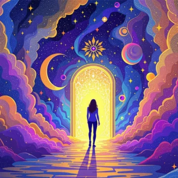 b2-english-listening-practice-hypnotherapy A surreal illustration of a person walking toward a bright archway for a B2 English listening lesson on Listenglish.