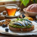 Brain-boosting foods including sardines, avocado toast, blueberries, walnuts and tea for English language learning focus and concentration