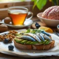 Brain-boosting foods including sardines, avocado toast, blueberries, walnuts and tea for English language learning focus and concentration