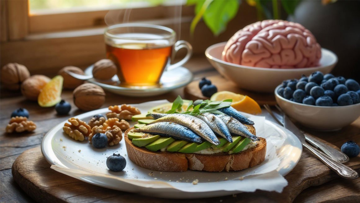 Brain-boosting foods including sardines, avocado toast, blueberries, walnuts and tea for English language learning focus and concentration