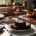 Chocolate brownies with cocoa beans and dark chocolate bars on marble counter with copper pots in background - English listening practice materials about chocolate making