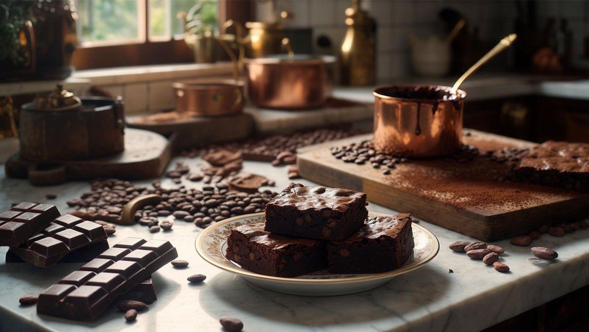 Chocolate brownies with cocoa beans and dark chocolate bars on marble counter with copper pots in background - English listening practice materials about chocolate making