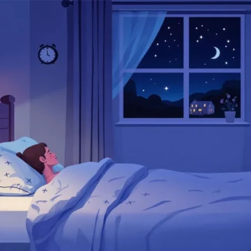 cozy-bedroom-with-starry-night-view A woman sleeping peacefully in her bed at night, ideal for bedtime routine vocabulary and listening on Listenglish.