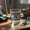 Glass of water with running shoes, stethoscope and violin - health and wellness concept