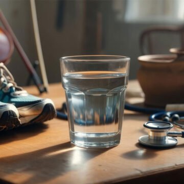 Glass of water with running shoes, stethoscope and violin - health and wellness concept