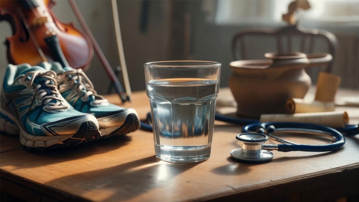 Glass of water with running shoes, stethoscope and violin - health and wellness concept