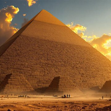 Ancient Egyptian pyramids at sunset with camel caravan crossing desert - English listening practice about ancient civilizations