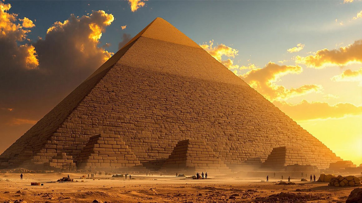 Ancient Egyptian pyramids at sunset with camel caravan crossing desert - English listening practice about ancient civilizations