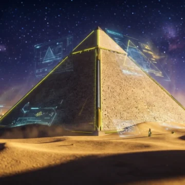 Futuristic digital screens analyzing an ancient pyramid for a B1 English listening comprehension lesson on Listenglish.