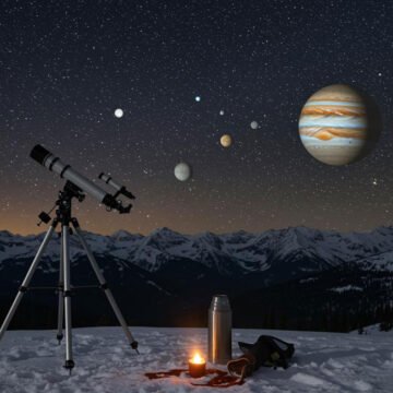 elescope stargazing setup in snowy mountains with planets alignment and Jupiter view