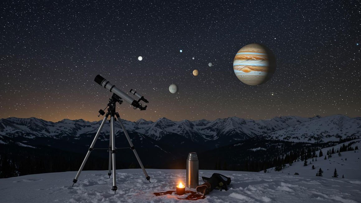 elescope stargazing setup in snowy mountains with planets alignment and Jupiter view