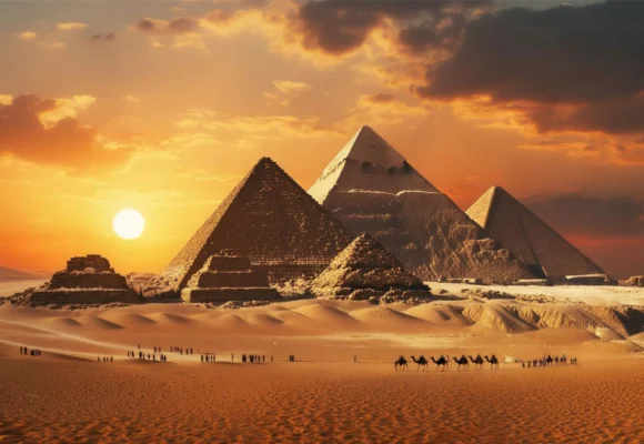 Ancient Egyptian pyramids at sunset with camel caravan crossing desert - English listening practice about ancient civilizations