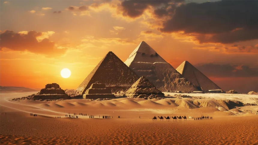 Ancient Egyptian pyramids at sunset with camel caravan crossing desert - English listening practice about ancient civilizations