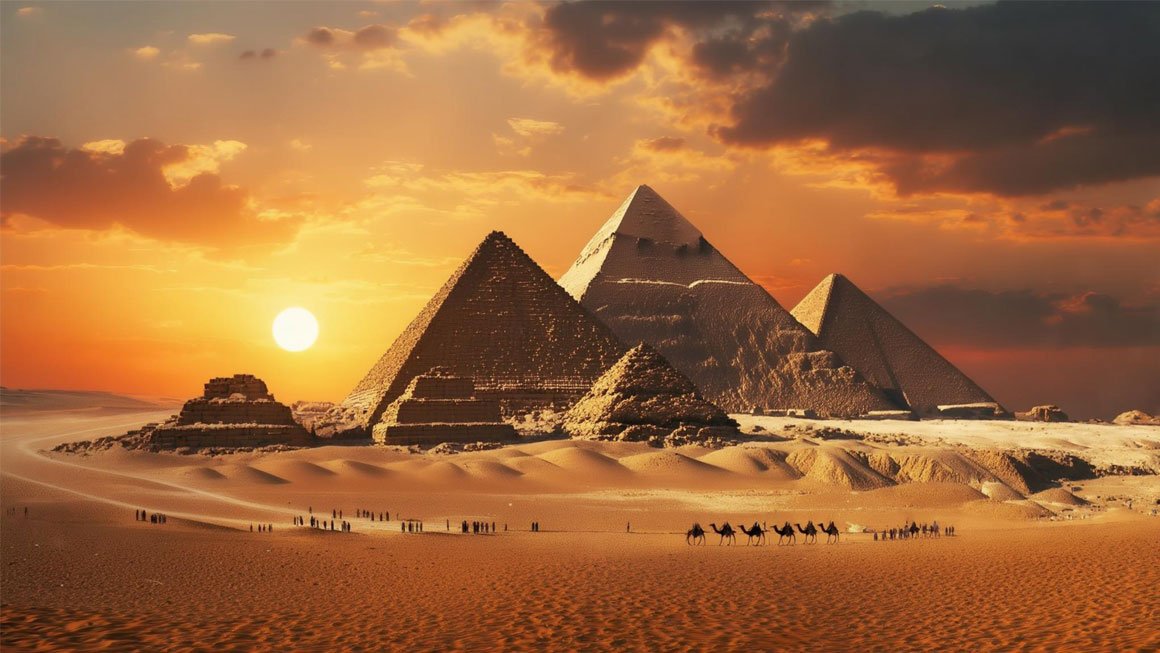 Ancient Egyptian pyramids at sunset with camel caravan crossing desert - English listening practice about ancient civilizations