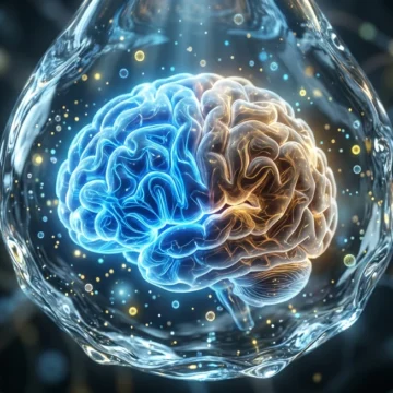hydration-and-brain-function Glowing brain in a water drop representing mental focus for English listening practice and vocabulary learning on Listenglish.