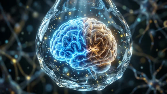Glowing brain in a water drop representing mental focus for English listening practice and vocabulary learning on Listenglish.