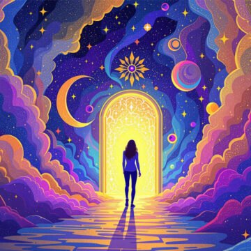 Mystical doorway with cosmic background for English listening meditation and hypnotherapy practice