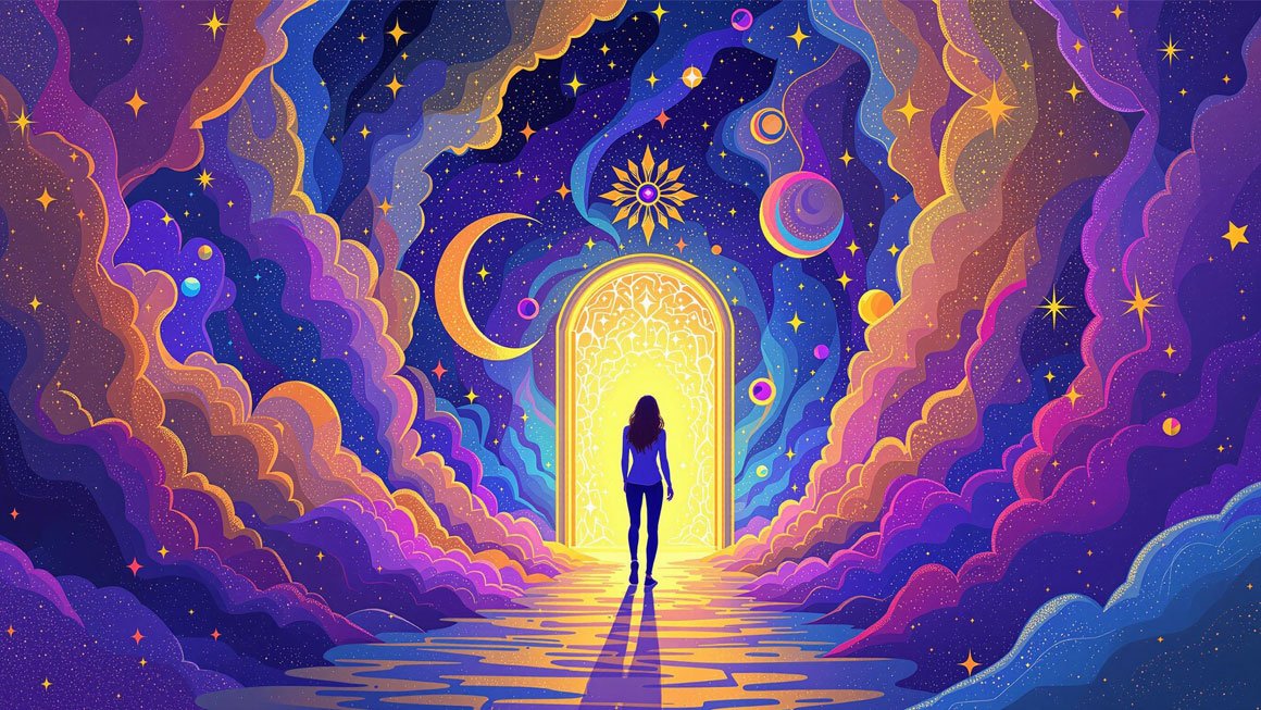 Mystical doorway with cosmic background for English listening meditation and hypnotherapy practice