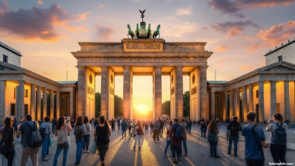 Berlin Brandenburg Gate sunset view - B1 level English listening practice image