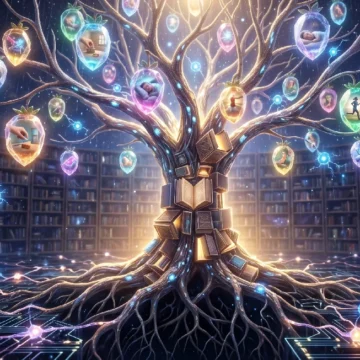 vocabulary-learning-in-context Glowing knowledge tree with story capsules in a library for vocabulary learning in context on Listenglish.