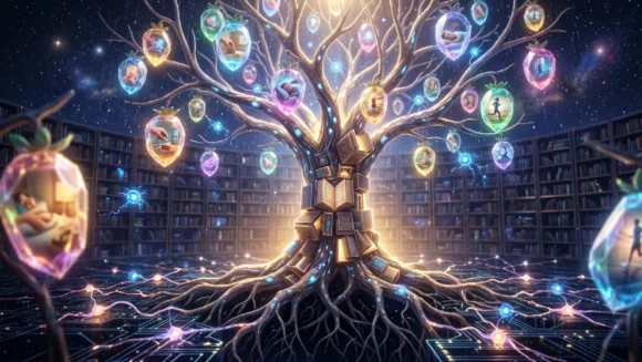 Glowing knowledge tree with story capsules in a library for vocabulary learning in context on Listenglish.