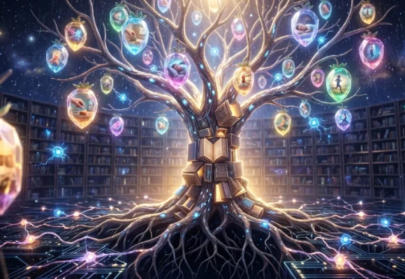 Glowing knowledge tree with story capsules in a library for vocabulary learning in context on Listenglish.