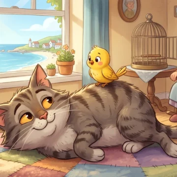 A2 level English listening practice story about a friendly cat and bird on Listenglish.