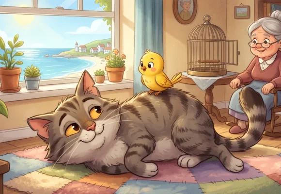 A2 level English listening practice story about a friendly cat and bird on Listenglish.