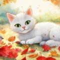 Illustrated white kitten with green eyes lying among colorful autumn leaves with a small bird nearby. Fall season background with orange and red foliage.