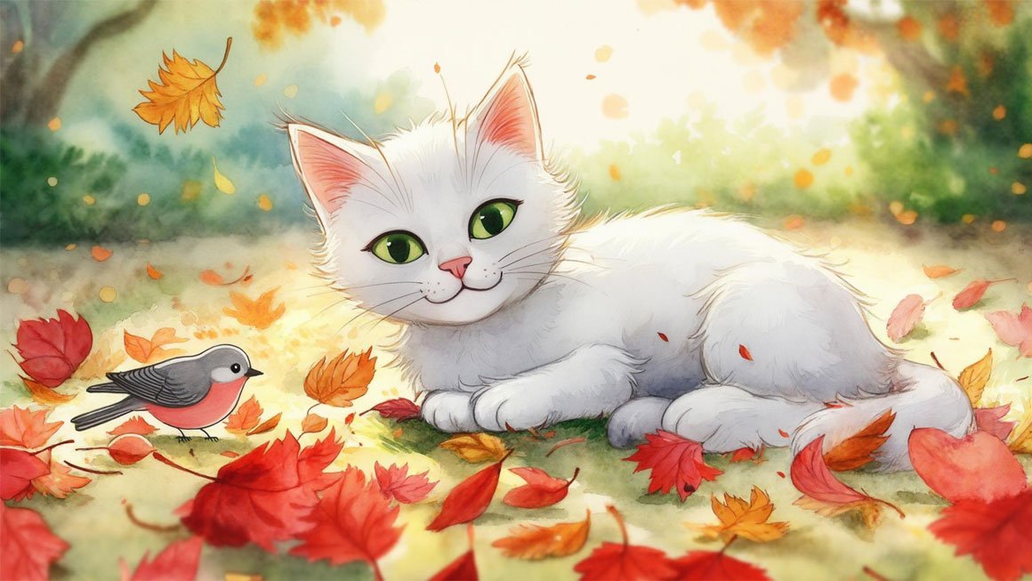 Illustrated white kitten with green eyes lying among colorful autumn leaves with a small bird nearby. Fall season background with orange and red foliage.
