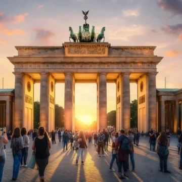 berlin-brandenburg-gate-english-listening-practice Tourists at Brandenburg Gate in Berlin for B2 English listening practice and vocabulary learning on Listenglish.