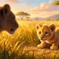 A cute lion cub and its mother in the African savanna during golden hour for a Listenglish listening practice exercise.
