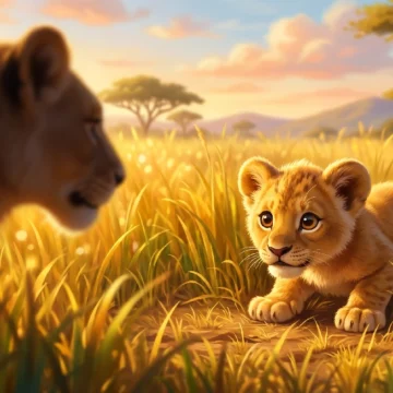 a2-level-english-listening-practice-wildlife A cute lion cub and its mother in the African savanna during golden hour for a Listenglish listening practice exercise.