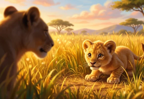 A cute lion cub and its mother in the African savanna during golden hour for a Listenglish listening practice exercise.