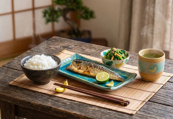 Traditional Japanese meal with grilled fish and rice for B1 English listening practice on Listenglish.