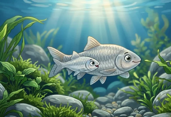 Two fish swimming together in clean water for beginner English listening practice on Listenglish.