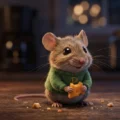 Cute mouse in a green sweater holding cheese on a table for an A1 level English listening activity on Listenglish.