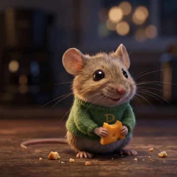 beginner-vocabulary-in-context-mouse-story Cute mouse in a green sweater holding cheese on a table for an A1 level English listening activity on Listenglish.