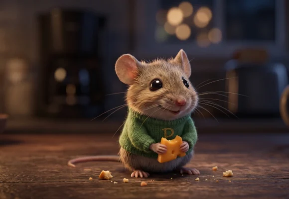 Cute mouse in a green sweater holding cheese on a table for an A1 level English listening activity on Listenglish.
