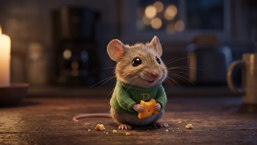 Cute mouse in a green sweater holding cheese on a table for an A1 level English listening activity on Listenglish.