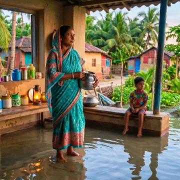 climate-change-english-listening-practice A woman and child in a flooded house, used for C1 context-based vocabulary learning on Listenglish.