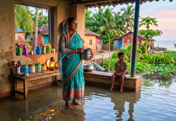 A woman and child in a flooded house, used for C1 context-based vocabulary learning on Listenglish.