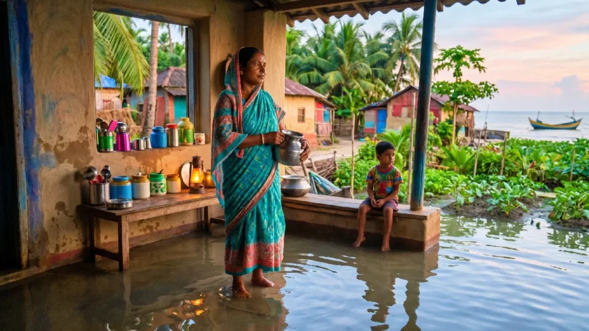 A woman and child in a flooded house, used for C1 context-based vocabulary learning on Listenglish.