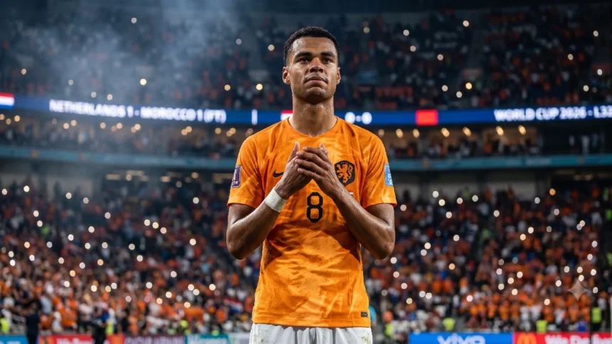 Cody Gakpo wearing Netherlands jersey at World Cup 2026 during an English reading and listening lesson on Listenglish.