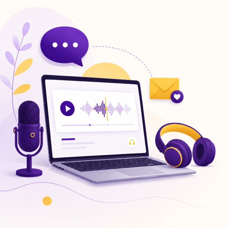 Contact Listenglish English Learning Support Illustration of Listenglish contact support with a laptop, audio lesson, microphone, headphones, chat bubble, and message icon