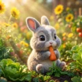 Cute baby rabbit eating a carrot in a vegetable garden, ideal for A1 vocabulary learning on Listenglish.