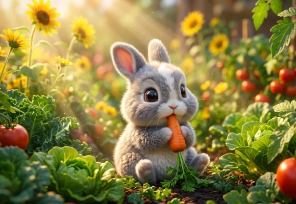 Cute baby rabbit eating a carrot in a vegetable garden, ideal for A1 vocabulary learning on Listenglish.