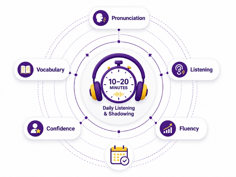 Daily English Shadowing Practice for 10–20 Minutes Illustration showing 10–20 minutes of daily English shadowing practice for listening, pronunciation, fluency, vocabulary, and speaking confidence